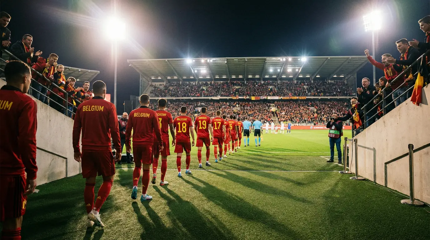 Fotbalisté v červených dresech nastupují na travnatý stadion k mezinárodnímu zápasu