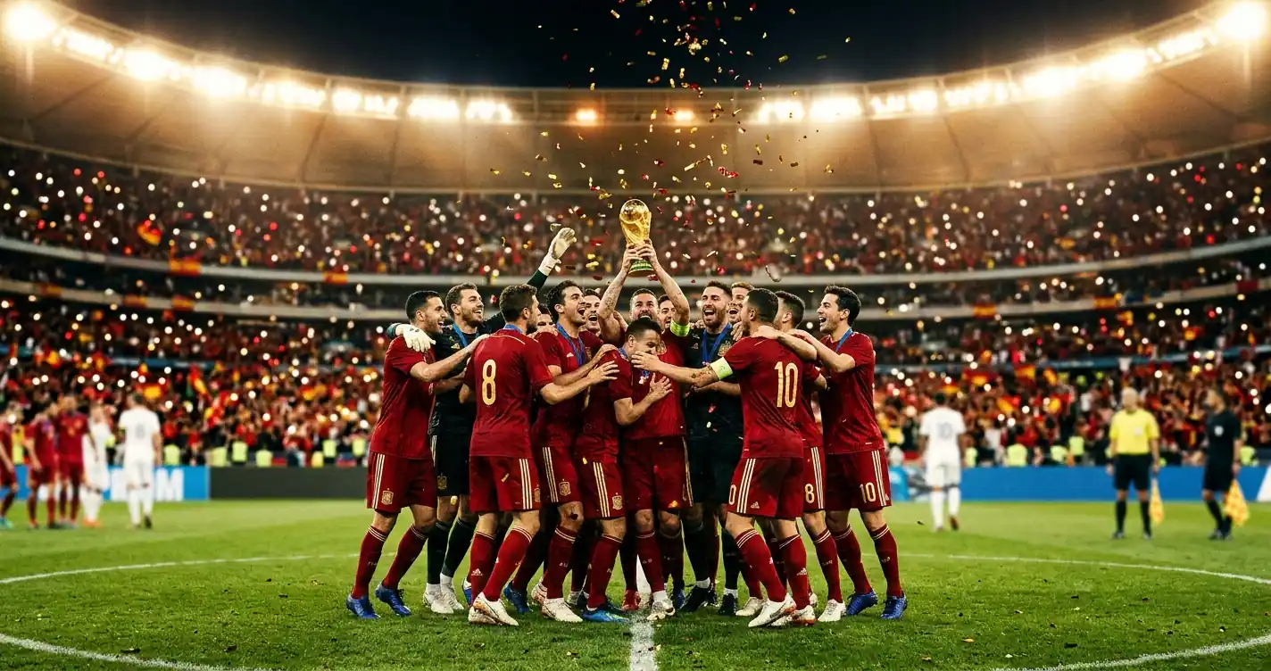 Španělští fotbalisté zvedají nad hlavu trofej pro mistry světa na stadionu při finále Mistrovství světa 2026