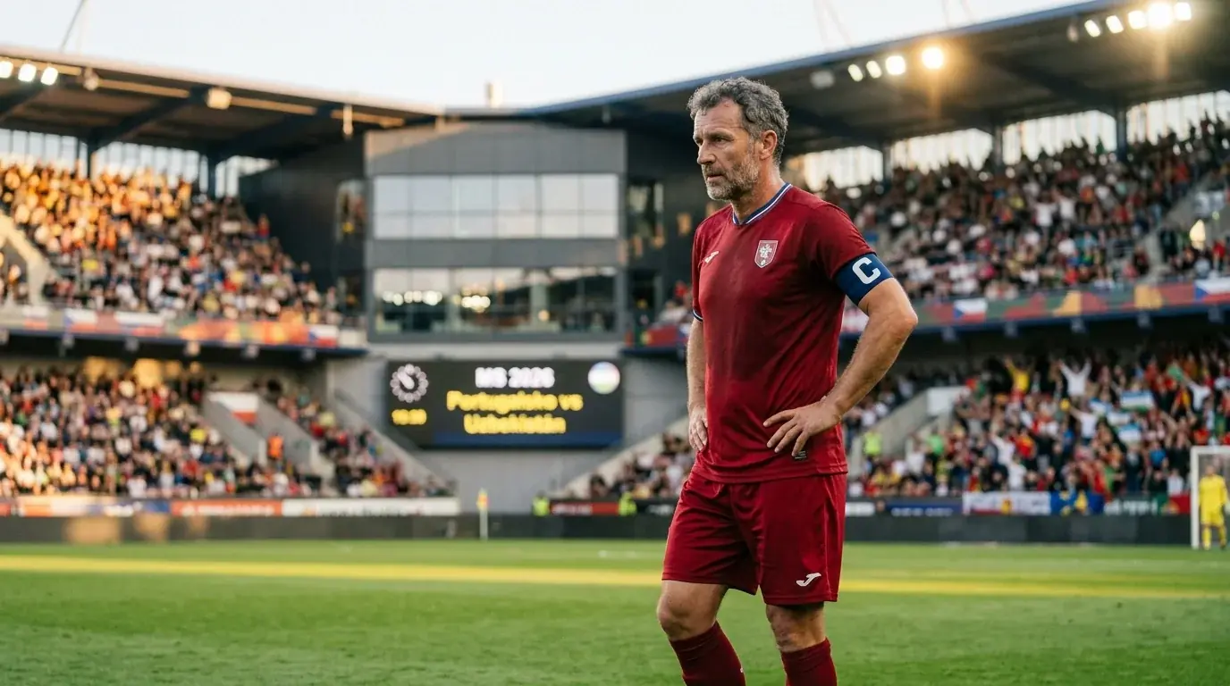 Zkušený fotbalista v tmavém dresu stojí soustředěně na hřišti pod reflektory stadionu před výkopem zápasu Mistrovství světa 2026
