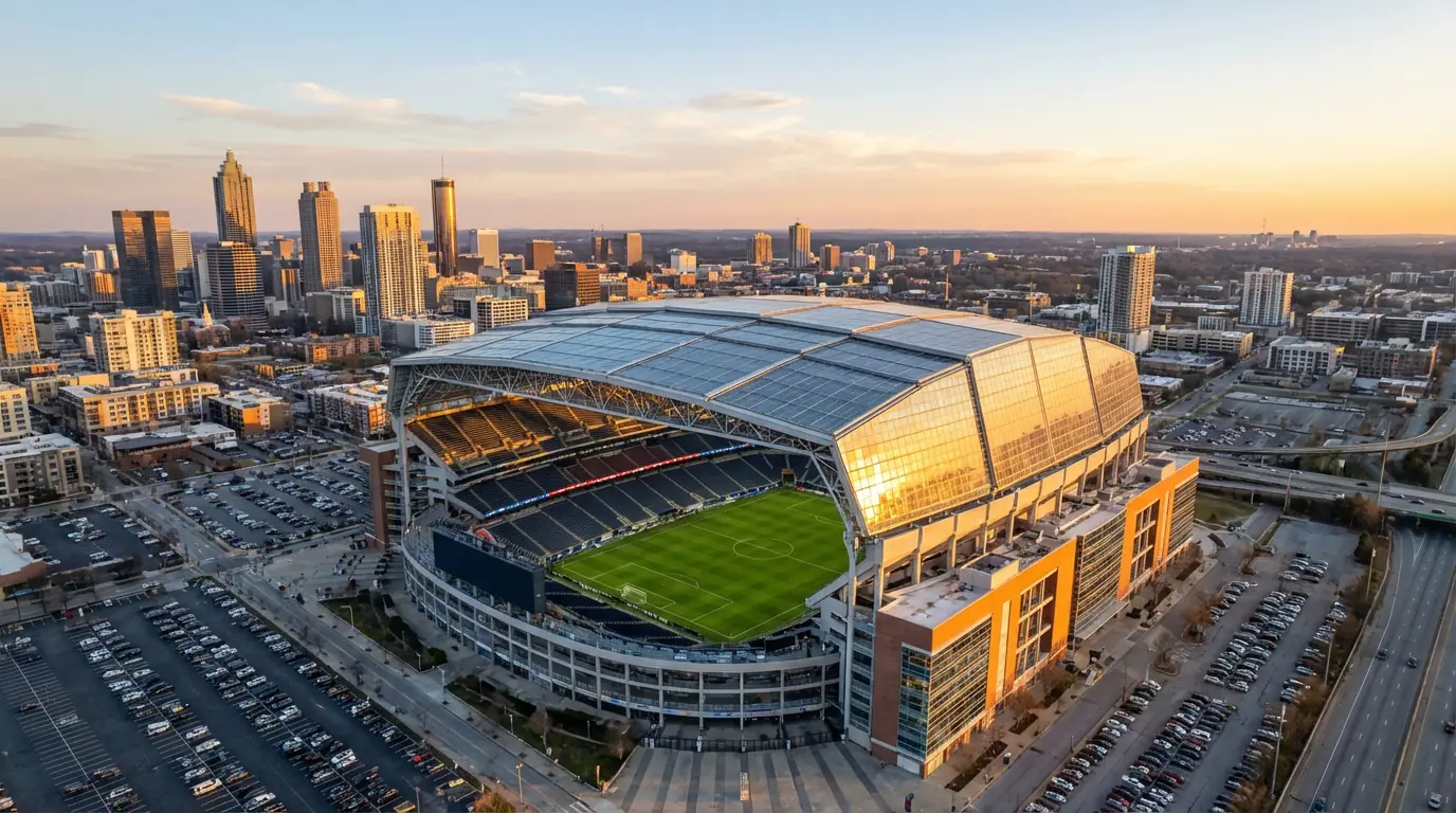 Letecký pohled na velký americký fotbalový stadion při západu slunce